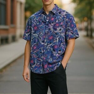 SANTANA Men's size XL 100% SILK Bright Swirl Patterned button up Shirt Vintage